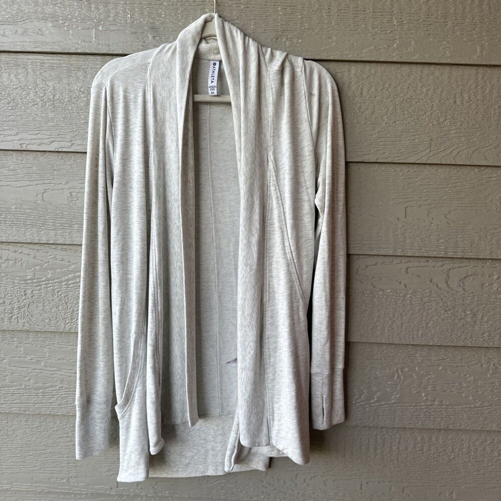 Athleta Pranayama Wrap Cardigan Heather Gray SMALL ST Thumbholes Pockets Ribbed